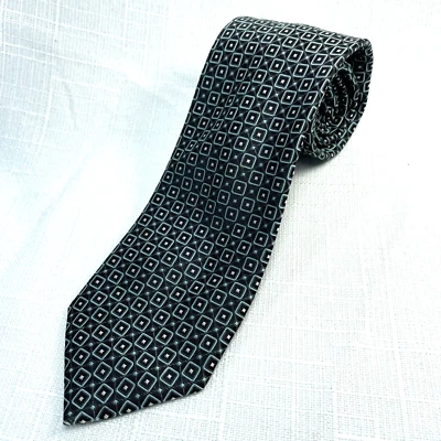 Classic Tie HATHAWAY Mens 100% Silk Handmade Geometric Black Teal & Silver - Image 1 of 4
