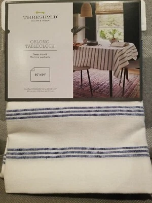 Nuevo Mantel Oblongo Umbral 50 X 84 Pulgadas Rayas Crema y Azul 62% Algodón Foto 1 de 4