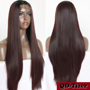 Long Silky Straight Synthetic Lace Front Wigs 1B/33 Ombre Two Tone Color Women