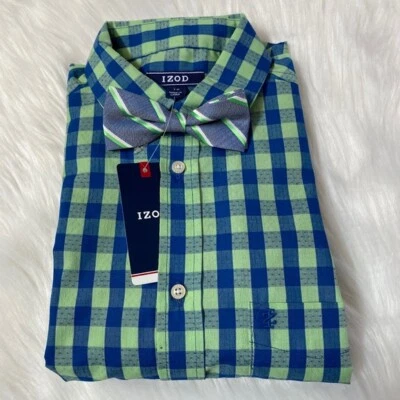 NUEVO CON ETIQUETAS-Camisa de manga larga con botones a cuadros azul/verde IZOD para niños con corbata talla 18 Foto 1 de 2
