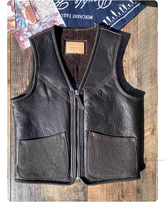 New Retro Wool Full-Grain Shearling Vest Men Flying Jacket Real Sheepskin Waistc - Image 1 of 4