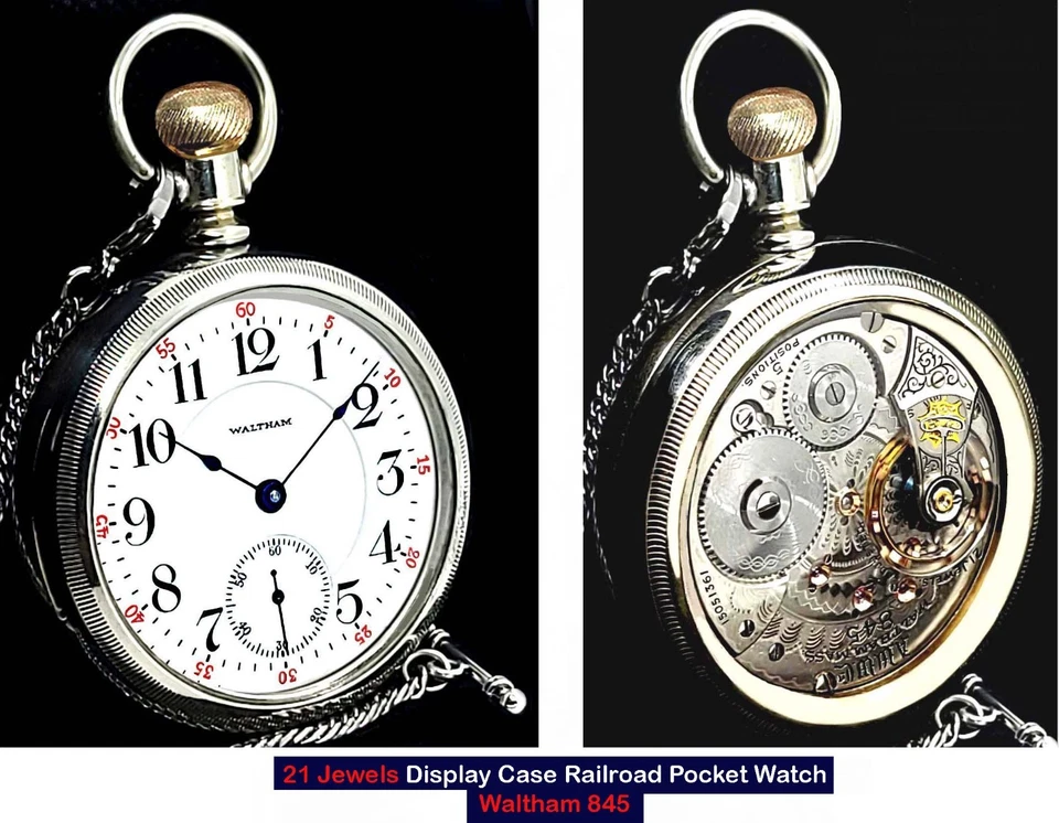 21 Jewels  18 Size High End Display Case RR Pocket Watch Waltham 845. Working - Image 1 of 4