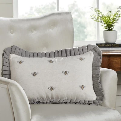 Pillow Embroidered Bee Farmhouse 14x22 Cotton Ruffled Spring Decor VHC Brands - Image 1 of 4