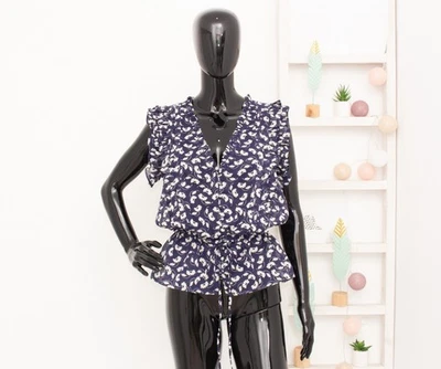 Polo RALPH LAUREN blusa blu floreale arricciato plissettato cotone bottoni... - Immagine 1 di 4