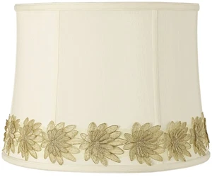 Creme Medium Drum Lamp Shade with Gold Flower Trim 14" Top x 16" Bottom x 12"H - Picture 1 of 3