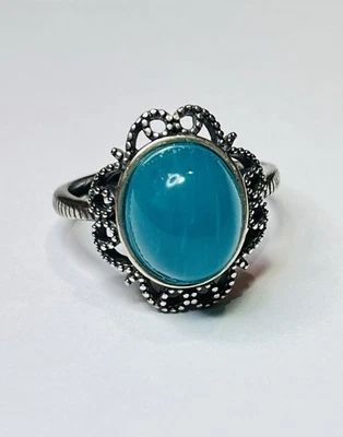 Vintage Style 925 Sterling Silver Natural Blue Green Amazonite Clover Ring 2 - Image 1 of 4