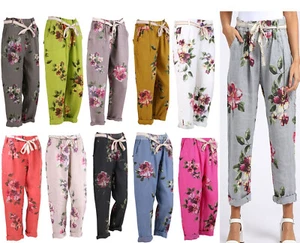 Nuovi pantaloni da donna floreali italiani cravatta elastica vita donna taglie normali - Foto 1 di 13