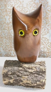 Stunning Hand-Carved Polished Wood Owl on Tree Bark base Glass Eyes 9.5 in. - Picture 1 of 8