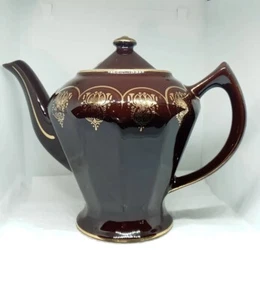 Vtg. Hall 0227 6 Cup, Brown Tea Coffee Pot W Gold Trim. Ornate W Gold Design - Picture 1 of 24
