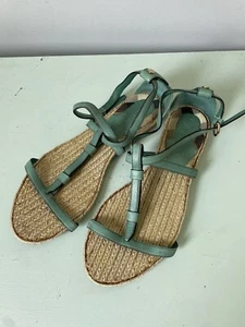Burberry Women’s Sandal T Strap Espadrille Flat Green Leather Nova Check - Picture 1 of 7
