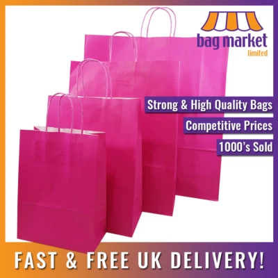 Pink Cerise Paper Bags with Twist Handles, Strong Gift Carrier Bags, Party, Shop - Image 1 of 4