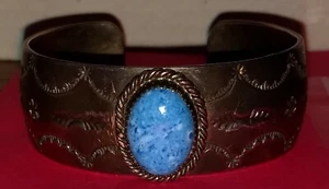 Navajo Silver Cuff Bracelet w/Blue Apatite Cabochon Marked MKM Sterling ExCond - Picture 1 of 5