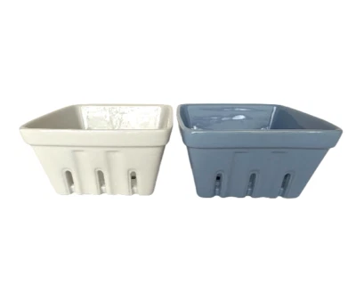 Crate & Barrel Ceramic Berry Baskets Colanders White Blue Stoneware  Set of 2 - Image 1 of 4