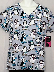 Women's Scrub Top Size X-Small Penguins Winter Scrubstar V-Neck Nurse Doctor - Picture 1 of 4