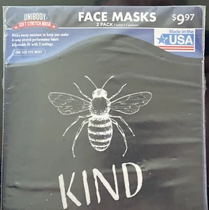 Bee Kind Black White Unibody Soft Stretch Face Mask 2 Pack Adjustable Sealed New - Picture 1 of 4