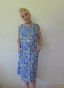 Vintage retro 50s 16 XL unused cotton shift dress NOS blue button through - Picture 1 of 10