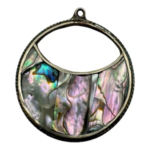 Vintage Taxco Mexico Alpaca Silver Abalone Shell Inlay Pendant 1.75” Crescent - Foto 1 di 6