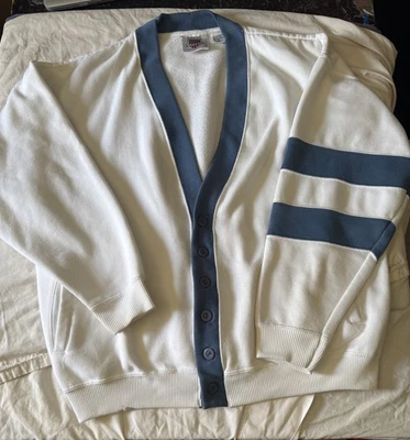 Vintage Men’s XL Cardigan Claybrooke Sport White Blue Stripe Button Up Sweater  - Image 1 of 4