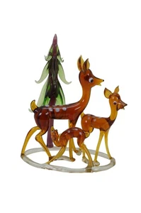 Vintage Hand Blown Art Glass Deer & Fawn Forest Tree Figurine 6" - Picture 1 of 14