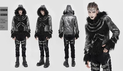 Devil Fashion Men Winter Black Gothic Punk Faux Fur Patchwork Hooded Jacket - Image 1 of 4
