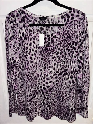 NWT $99 Talbots L Suéter Pura Lana Merino Puff Slv Estampado Animal Púrpura Negro Foto 1 de 4
