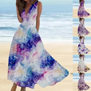 Women Summer Sleeveless Wrap V Neck Dress Tie-dyed Maxi Flowy Beach Sundresses - Picture 1 of 35