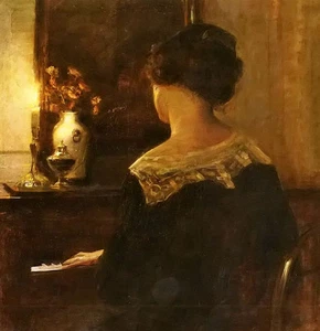 Oil painting carl vilhelm holsoe - a lady playing the piano at night room canvas - Picture 1 of 1
