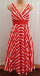 MONSOON MENA ORIANE RED WHITE STRIPE SILK 50'S FLARE COCKTAIL MIDI DRESS 18 EXC - Picture 1 of 7