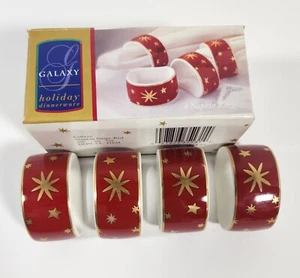 Galaxy by Sakura Porcelain Napkin Rings 14k Gold Trim Christmas Holiday Set of 4 - Picture 1 of 2