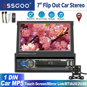 7" Flip Out Single 1 DIN Car Stereo Touch Screen Radio Bluetooth AUX USB Camera - Picture 1 of 12
