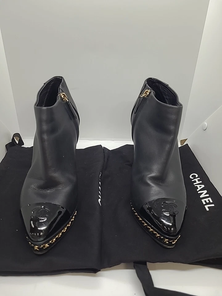 Used Authentic Channel Black Leather Cap Toe Ankle Boots Size 8.5 (38.5) - Image 1 of 4