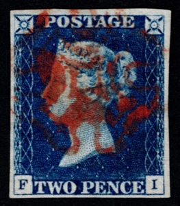 1840 2d Blue Plate 1 FI 4m Bright Red Maltese Cross VFU Certificate Cat.£1250.00 - Picture 1 of 2