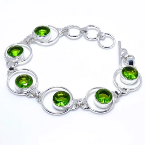 Green Peridot Gemstone 925 Sterling Silver Jewelry Bracelet Size 7-8" - Picture 1 of 3