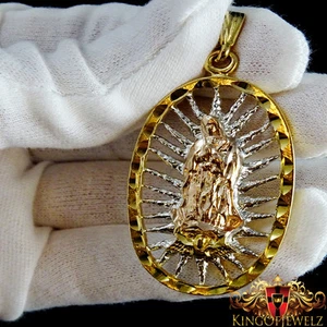 18K 3 TONE BIG WOMEN GOLD/ PLT VIRGIN MOTHER MARY TEXTURED ELEGANT CHARM PENDANT - Picture 1 of 7