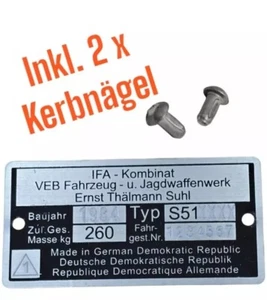 Typenschild Simson S51 260 kg IFA VEB, gestanzt graviert beschriftet - Bild 1 von 9