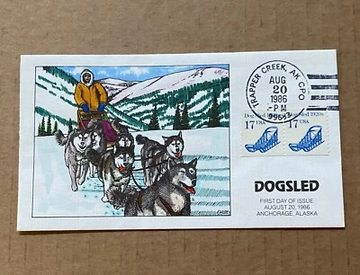 US Collins FDC Handpainted #2135 Dog Sled  1986 - Image 1 of 3