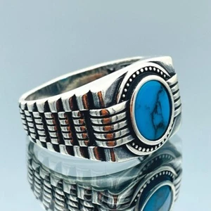 Men's Natural Gemstone Ring Blue Turquoise 925 Sterling Silver Ring Gift For Him - Picture 1 of 10