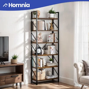 6 Tier Industrial Bookcase Bookshelf Wooden Display Rack Storage Living Room - Picture 1 of 9