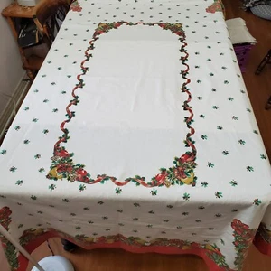 Vintage Printed Tablecloth Poinsettias Pinecones Red White Rectangle 118x50" MCM - Picture 1 of 11