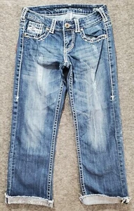 Cowgirl Tuff Crystal Capri Jeans Womens 25 Blue Denim Low Rise Frayed Raw - Picture 1 of 18