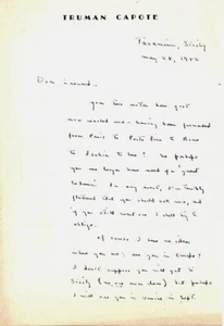 Truman Capote handgeschriebener Brief signiert & datiert 1952 Taormina Sizilien - Bild 1 von 2
