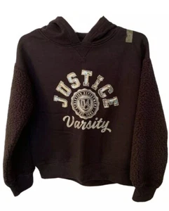 Justice Girls Black Hoodie Sweatshirt 8 Faux Fur Sleeves Glitter Sequins Logo - Picture 1 of 12