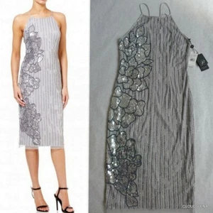 NWT ADRIANNA PAPELL Halter Beaded/Sequin Midi Dress in Bridal Silver Size 2 - Picture 1 of 10