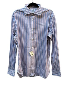 Luigi Borrelli Red Blue Stripe Button Up Dress Shirt Mad In Italy Size 16 1/2 42 - Picture 1 of 11