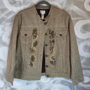 Chicos Damengröße 2 glänzend gold Blumen bestickt Denim Boho Chic schick neu mit Etikett - Bild 1 von 13