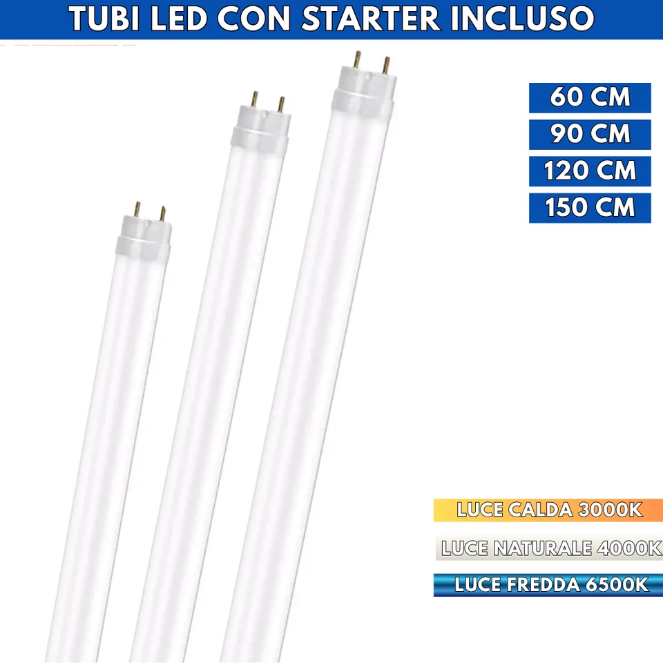 TUBO NEON LED TUBO G13 T8 60 90 120 150 cm LUCE CALDA NATURALE FREDDA STARTER - Immagine 1 di 1