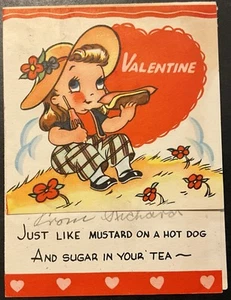 Vtg Valentine DieCut Card Cute Girl Eating Hot Dog Just Like Mustard On Hot Dog” - Bild 1 von 3