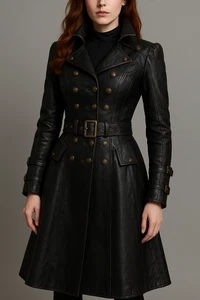 Women's Steampunk Black Leather Trench Coat – Gothic Victorian Military Jacket - Picture 1 of 3