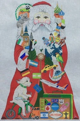 Needlepoint Handpainted Amanda Lawford Christmas World Traveler Santa 20" - Image 1 of 4