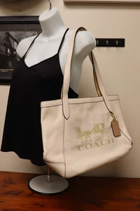 Coach Double Handle Tote Purse 27 Horse & Carriage Cream & Gold Leather MSRP$328 - Picture 1 of 14
